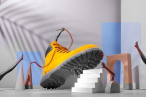 Werbung im Internet mit Schuhkonzept mit gelbem Stiefel und Treppenstufen.