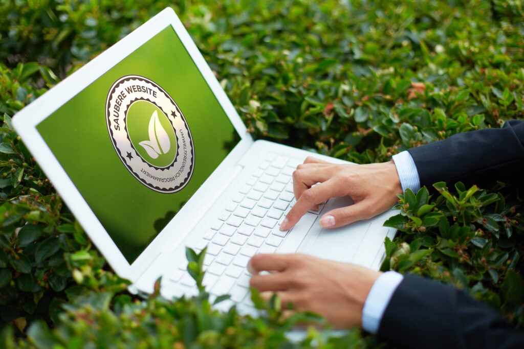 Laptop auf grüner Wiese mit dem Siegel "saubere Website". Nachhaltige Website